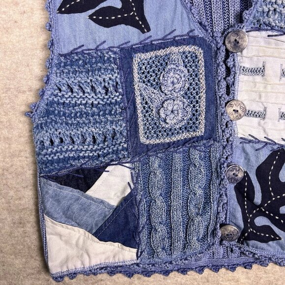 VTG Sandy Starkman Quilted Blue Patchwork Grandmacore Knit Vest Women’s Sz Small - Picture 11 of 16